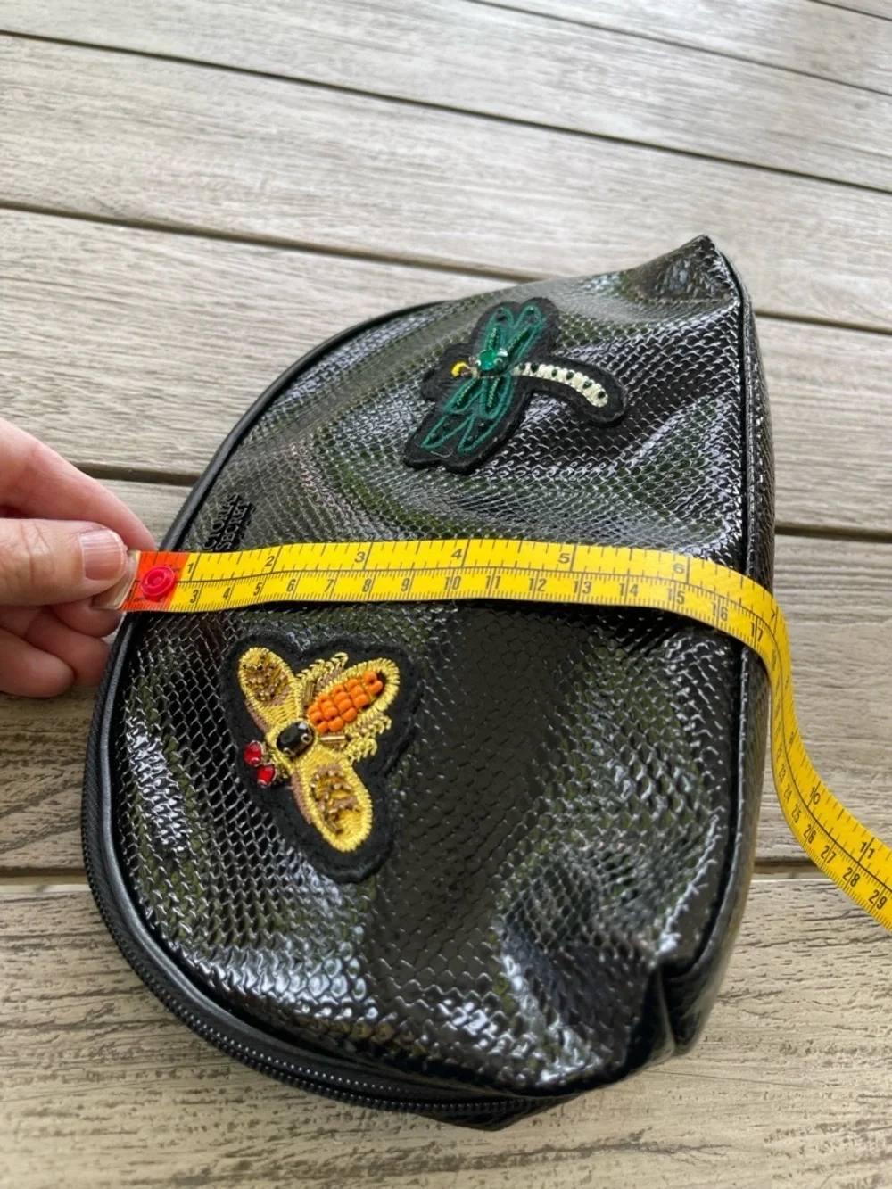 Victoria's Secret Black Textured Cosmetic Pouch with Insect Embellishments
